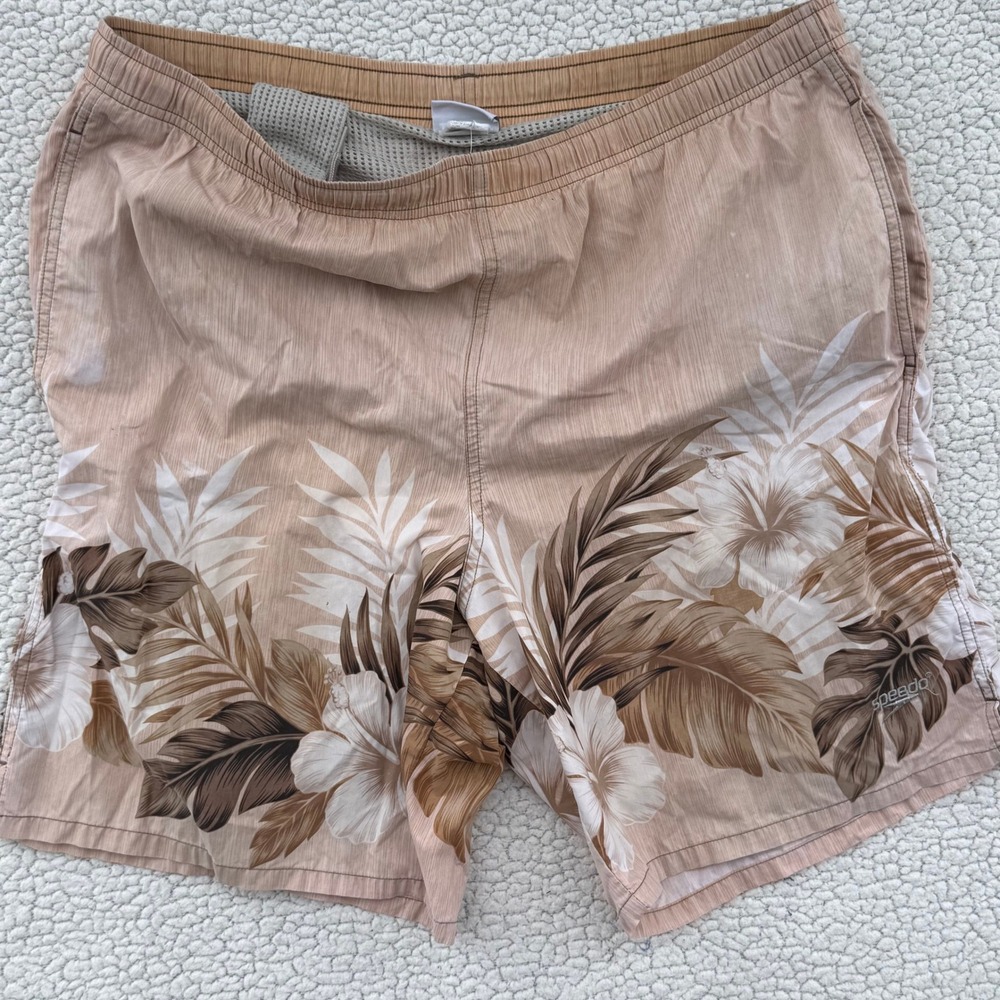 Speedo Mens Tropical Hibiscus Palm Print Swim Trunks Tan Brown Size Medium